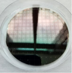 Patterned silicon wafer cut into individual dies.
