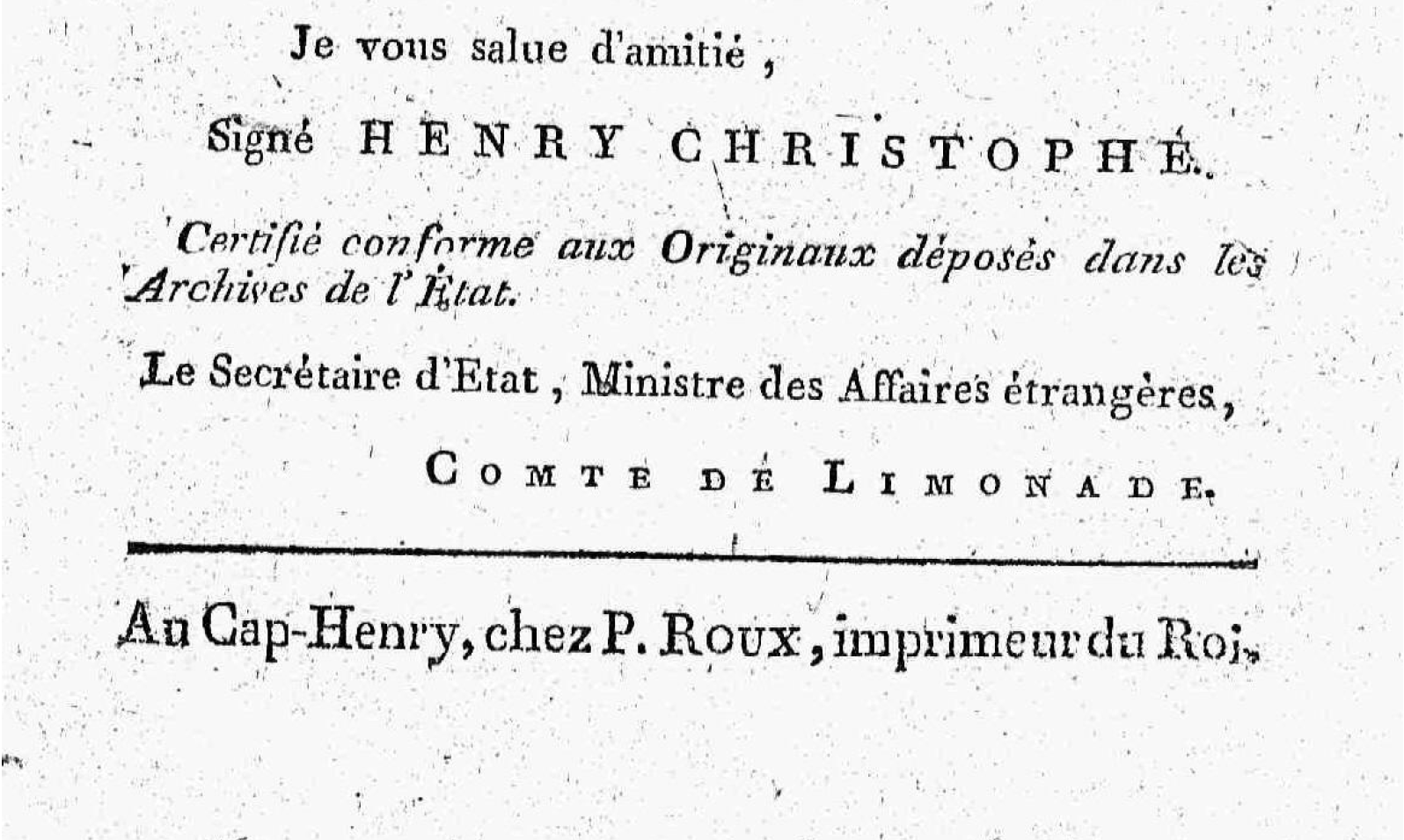 Publication info from the back matter of Christophe's "Manifeste du Roi" (1814)
