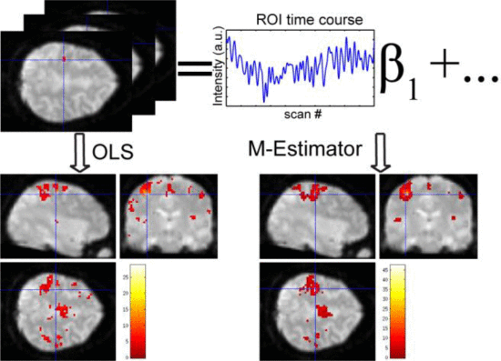 Representative one voxel t-values as data are randomly decimated. An rs-fMRI dataset is randomly diminished into N data size levels with M subsets in each level. Inference methods are applied to each subset to estimate voxel-wise t-maps. The highlighted point (left) indicates the rs-fMRI seed region.