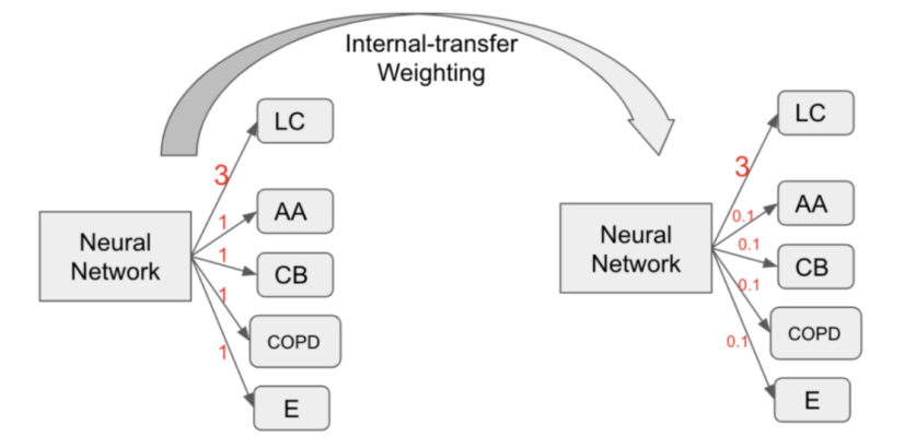 Example of Internal-transfer Weighting (ITW) of multi-task learning. The LC, AA, CB, COPD, E represent the tasks of lung cancer, adult asthma, chronic bronchitis, chronic obstructive pulmonary disease and emphysema, respectively. The red number is the loss weight for the task. Note that we apply PFLP on top of the displayed weights.
