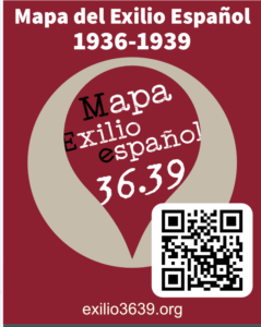 Text on red background reads 1936-1939 Mapa exilio español 36.39