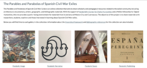 Home page of website the parables of the Spanish Civil War Exiles contains four images of a mural, a drawing that reads exile, the interior of a church, and the cover of a exile periodical