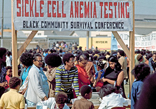 Free sickle cell anemia testing at the Black Community Survival Conference in Mar-Apr 1972.