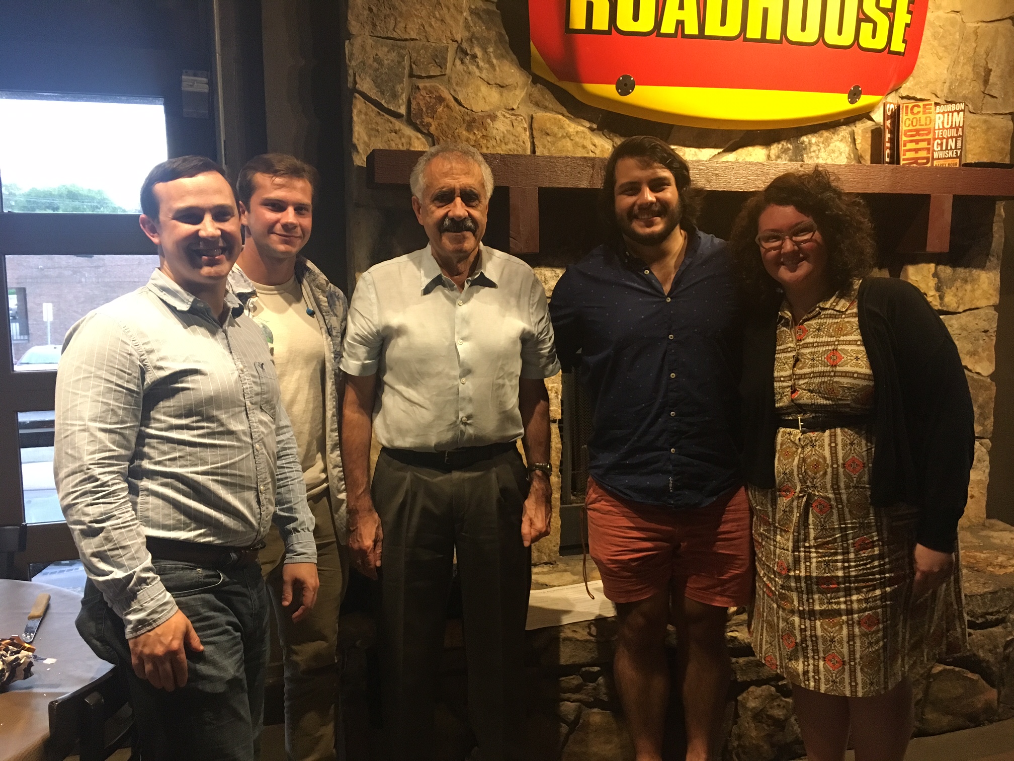 Summer 2017 Undergraduate Student Intern Farewell Dinner.  [From left: Andy O'Hara, Tyler Summers, Prof. Pantelides, Christian Ornelas, Ashley Brammer]