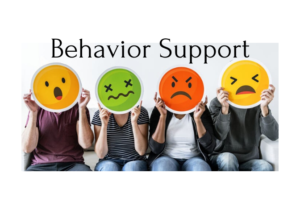 Behavioral Support Title Image - people holding up different faces (happy, surprised, sad and mad)