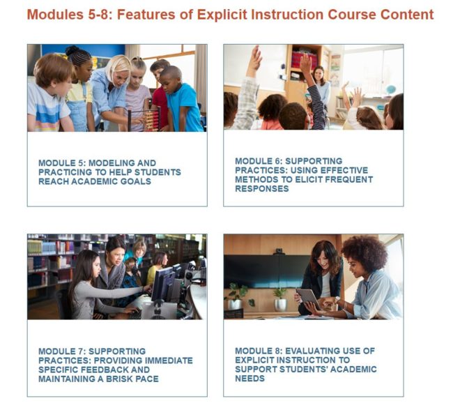 Image of the modules for Explicit Instruction. Additional information on the modules is listed below the image. 